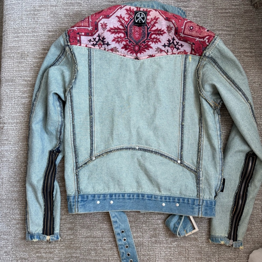 Civil Regime Distressed Denim Belted Trucker Jacket Blue Small - Picture 14 of 16